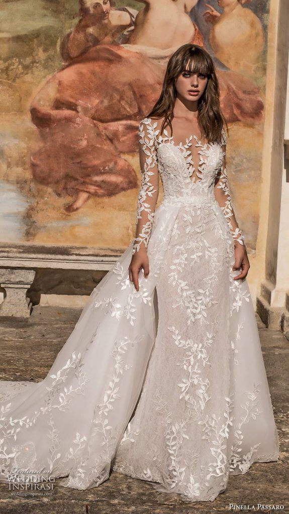 pinella passaro 2018 bridal long sleeves deep plunging sweetheart neck full embellishment princess romantic fit and flare wedding dress a line overskirt long train 15 mv