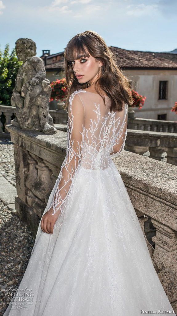 pinella passaro 2018 bridal long sleeves illusion bateau straight across neckline heavily embellished bodice romantic a line wedding dress covered embellished back sweep train 11 zbv