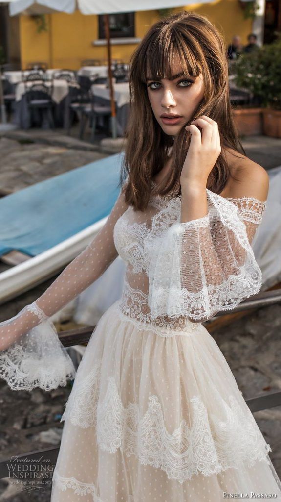 pinella passaro 2018 bridal off the shoulder long poet sleeves straight across neckline lace romantic a line wedding dress lace back chapel train 3 zv